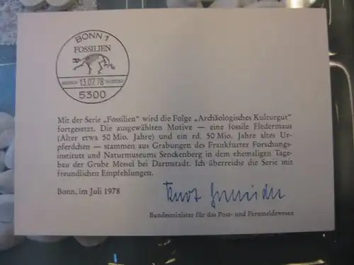 Ministerkarte, Klappkarte klein, Typ V,
  zur Ausgabe Fossilien, 1978 mit Unterschrift Minister Kurt Gscheidle