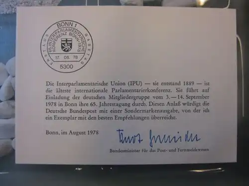 Ministerkarte, Klappkarte klein, Typ V,
  zur Ausgabe Interparlamentarische Konferenz, 1978 mit Unterschrift Minister Kurt Gscheidle