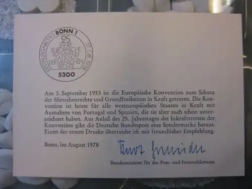 Ministerkarte, Klappkarte klein, Typ V,
  zur Ausgabe Menschenrechte, 1978 mit Unterschrift Minister Kurt Gscheidle