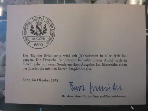 Ministerkarte, Klappkarte klein, Typ V,
  zur Ausgabe Tag der Briefmarke, 1978 mit Unterschrift Minister Kurt Gscheidle