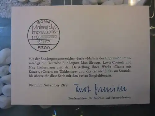 Ministerkarte, Klappkarte klein, Typ V,
  zur Ausgabe Impessionisten, Malerei, 1978 mit Unterschrift Minister Kurt Gscheidle