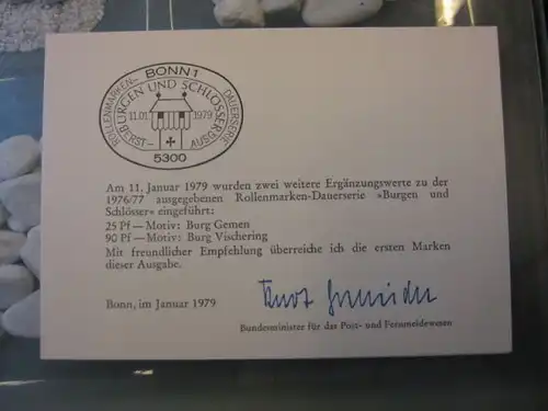 Ministerkarte, Klappkarte klein, Typ V,
  zur Ausgabe DS Burgen & Schlösser, 20, 210, 210  Pf., 1979 mit Unterschrift Minister Kurt Gscheidle