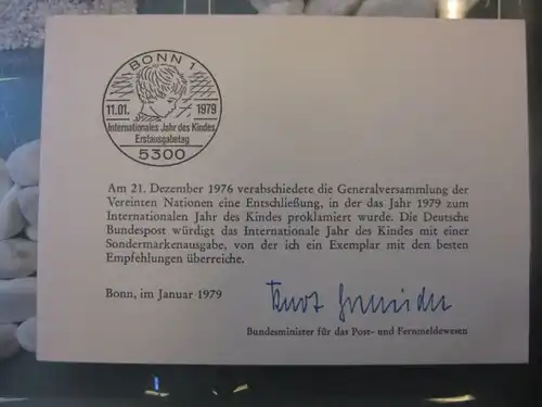 Ministerkarte, Klappkarte klein, Typ V,
  zur Ausgabe Jahr des Kindes, 1979 mit Unterschrift Minister Kurt Gscheidle