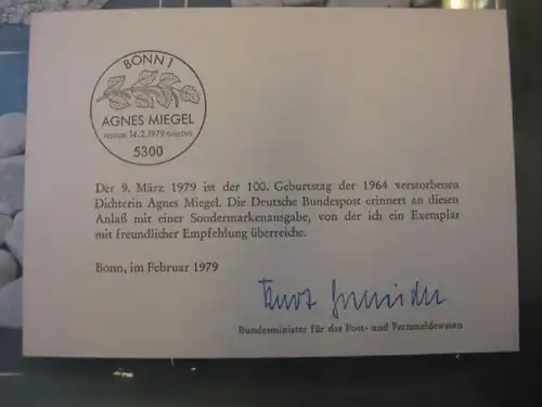 Ministerkarte, Klappkarte klein, Typ V,
  zur Ausgabe Agnes Miegel, 1979 mit Unterschrift Minister Kurt Gscheidle