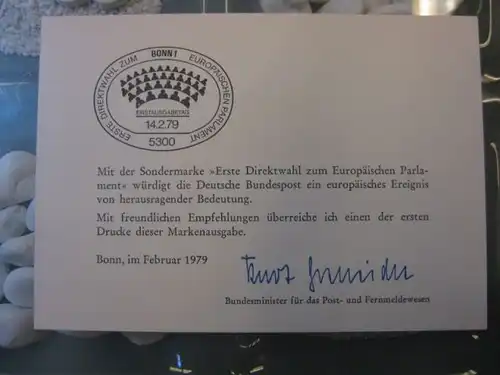 Ministerkarte, Klappkarte klein, Typ V,
  zur Ausgabe EUROPA-Parlament, Direktwahl, 1979 mit Unterschrift Minister Kurt Gscheidle