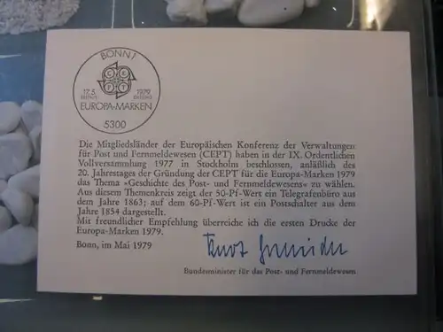 Ministerkarte, Klappkarte klein, Typ V,
  zur Ausgabe EUROPA-Marken, CEPT-Ausgabe, 1979 mit Unterschrift Minister Kurt Gscheidle