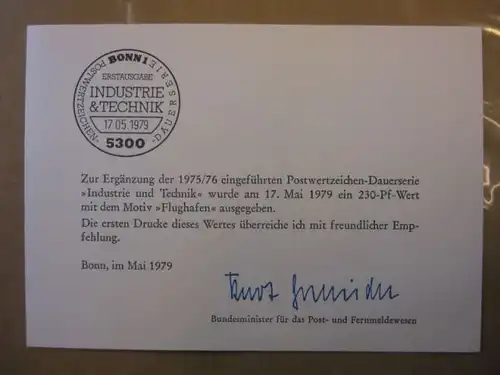 Ministerkarte, Klappkarte klein, Typ V,
  zur Ausgabe DS Industrie & Technik 230 Pf., 1979 mit Unterschrift Minister Kurt Gscheidle
