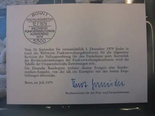 Ministerkarte, Klappkarte klein, Typ V,
  zur Ausgabe Funkkonferenz, 1979 mit Unterschrift Minister Kurt Gscheidle