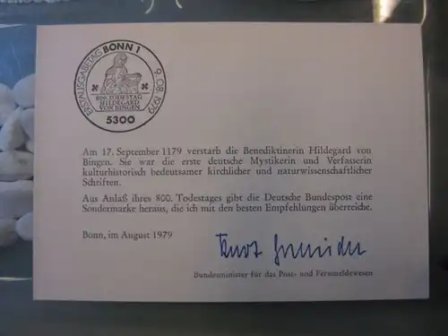 Ministerkarte, Klappkarte klein, Typ V,
  zur Ausgabe Hildegard von Bingen, 1979 mit Unterschrift Minister Kurt Gscheidle
