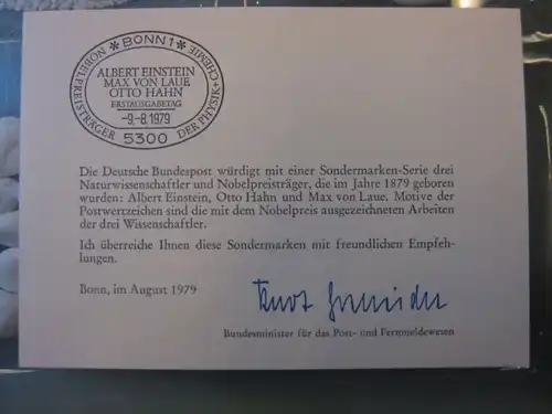 Ministerkarte, Klappkarte klein, Typ V,
  zur Ausgabe Nobelpreisträger, 150, 180 Pf., 1979 mit Unterschrift Minister Kurt Gscheidle