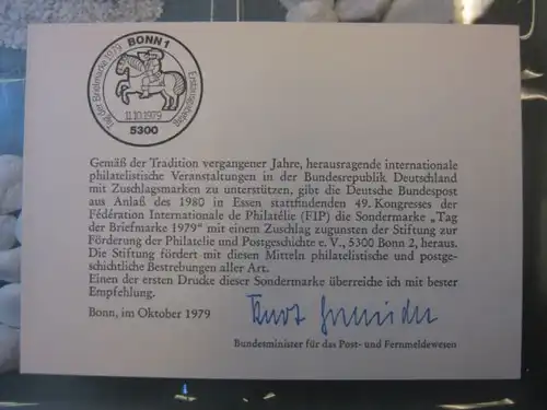 Ministerkarte, Klappkarte klein, Typ V,
  zur Ausgabe Tag der Briefmarke, 1979 mit Unterschrift Minister Kurt Gscheidle