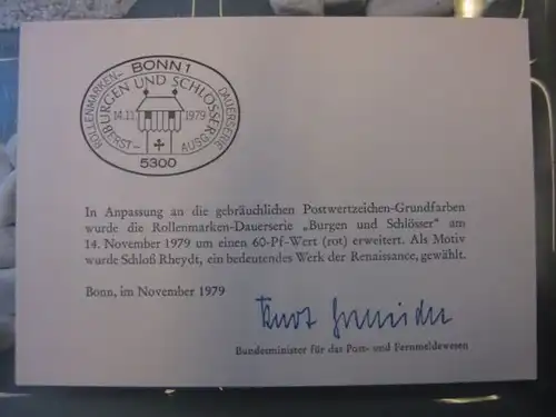 Ministerkarte, Klappkarte klein, Typ V,
  zur Ausgabe DS Burgen & Schlösser, 60 Pf., 1979 mit Unterschrift Minister Kurt Gscheidle