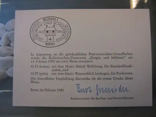 Ministerkarte, Klappkarte klein, Typ V,
  zur Ausgabe DS Burgen & Schlösser, 40, 50 Pf., 1980, mit Unterschrift Minister Kurt Gscheidle