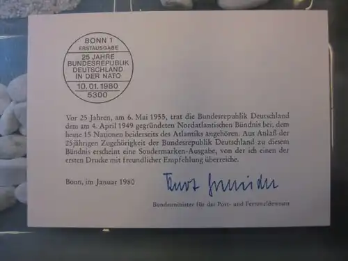 Ministerkarte, Klappkarte klein, Typ V,
  zur Ausgabe NATO, 1980, mit Unterschrift Minister Kurt Gscheidle