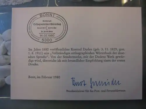Ministerkarte, Klappkarte klein, Typ V,
  zur Ausgabe Duden, 1980, mit Unterschrift Minister Kurt Gscheidle