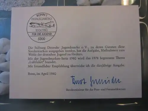 Ministerkarte, Klappkarte klein, Typ V,
  zur Ausgabe Jugendmarken, Für die Jugend, 1980, mit Unterschrift Minister Kurt Gscheidle