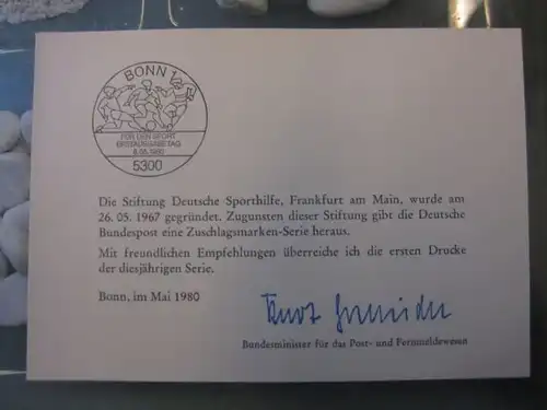Ministerkarte, Klappkarte klein, Typ V,
  zur Ausgabe Sporthilfe, 1980, mit Unterschrift Minister Kurt Gscheidle
