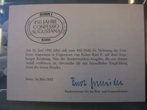 Ministerkarte, Klappkarte klein, Typ V,
  zur Ausgabe Confessio Augustana 1980, mit Unterschrift Minister Kurt Gscheidle