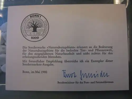 Ministerkarte, Klappkarte klein, Typ V,
  zur Ausgabe  Naturschutz 1980, mit Unterschrift Minister Kurt Gscheidle