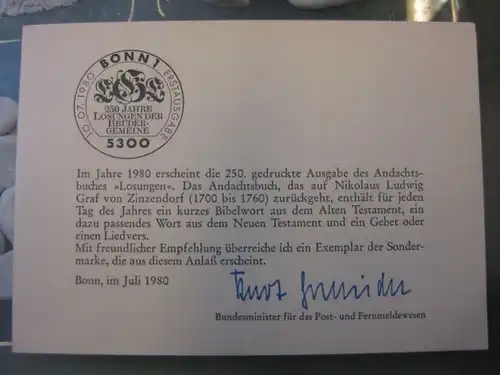 Ministerkarte, Klappkarte klein, Typ V,
  zur Ausgabe Brüdergemeinde 1980, mit Unterschrift Minister Kurt Gscheidle