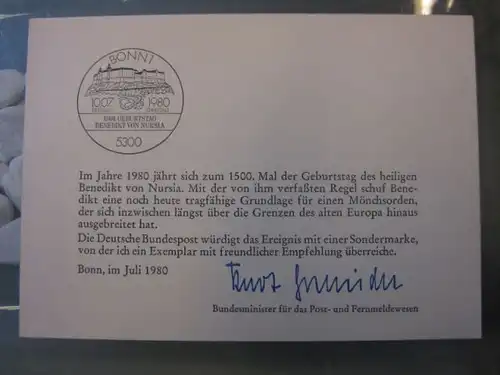 Ministerkarte, Klappkarte klein, Typ V,
  zur Ausgabe Benedikt 1980, mit Unterschrift Minister Kurt Gscheidle