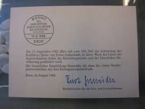 Ministerkarte, Klappkarte klein, Typ V,
  zur Ausgabe Ebner-Eschenbach 1980, mit Unterschrift Minister Kurt Gscheidle