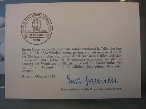 Ministerkarte, Klappkarte klein, Typ V,
  zur Ausgabe Weinbau 1980, mit Unterschrift Minister Kurt Gscheidle