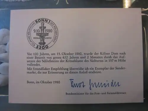Ministerkarte, Klappkarte klein, Typ V,
  zur Ausgabe Kölner Dom 1980, mit Unterschrift Minister Kurt Gscheidle