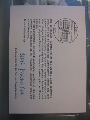 Ministerkarte, Klappkarte klein, Typ V,
 Europäisches Patentamt 1981 mit Unterschrift Minister Kurt Gscheidle