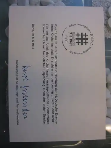 Ministerkarte, Klappkarte klein, Typ V,
 Ev. Kirchentag 1981 mit Unterschrift Minister Kurt Gscheidle