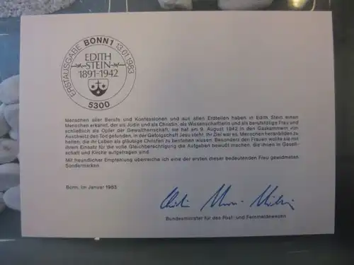 Ministerkarte, Klappkarte klein, Typ V,
 Edith Stein 1983, mit Faksimile-Unterschrift des Ministers Schwarz-Schilling