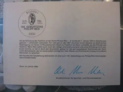Ministerkarte, Klappkarte klein, Typ V,
 Philipp Reis 1984, mit Faksimile-Unterschrift des Ministers Schwarz-Schilling