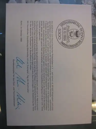 Ministerkarte, Klappkarte klein, Typ V,
  Tag der Briefmarke 1984, mit Faksimile-Unterschrift des Ministers Schwarz-Schilling
