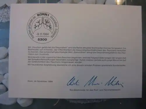 Ministerkarte, Klappkarte klein, Typ V,
  Rauchen gefährdet 1984, mit Faksimile-Unterschrift des Ministers Schwarz-Schilling