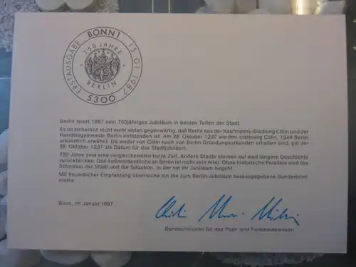 Ministerkarte, Klappkarte klein, Typ V,
  750 Jahre Berlin 1987, mit Faksimile-Unterschrift des Ministers Schwarz-Schilling