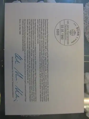 Ministerkarte, Klappkarte klein, Typ V,
 Fernmeldeunion 1990, mit Faksimile-Unterschrift des Ministers Schwarz-Schilling