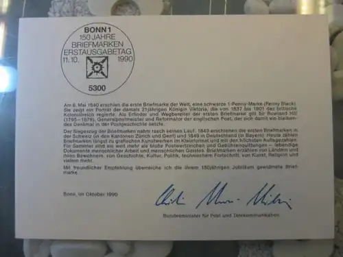 Ministerkarte, Klappkarte klein, Typ V,
 150 Jahre Briefmarken 1990, mit Faksimile-Unterschrift des Ministers Schwarz-Schilling