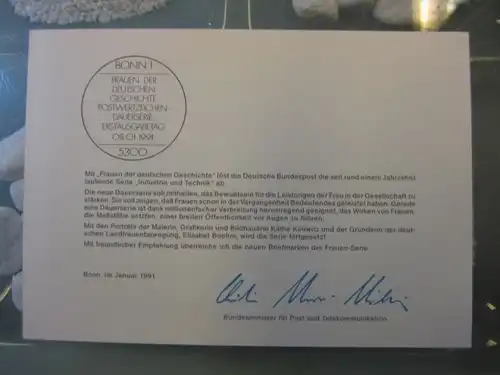 Ministerkarte, Klappkarte klein, Typ V,
  DS Bedeutende Frauen 30, 70 Pf. 1991, mit Faksimile-Unterschrift des Ministers Schwarz-Schilling