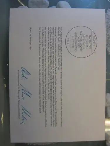 Ministerkarte, Klappkarte klein, Typ V,
 DS Bedeutende Frauen 150, 200 Pf.  1991, mit Faksimile-Unterschrift des Ministers Schwarz-Schilling