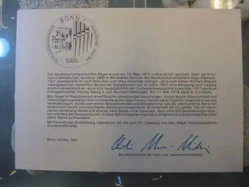 Ministerkarte, Klappkarte klein, Typ V,
  Max Reger 1991, mit Faksimile-Unterschrift des Ministers Schwarz-Schilling