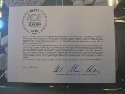 Ministerkarte, Klappkarte klein, Typ V,
  ICE 1991, mit Faksimile-Unterschrift des Ministers Schwarz-Schilling