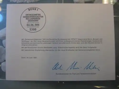 Ministerkarte, Klappkarte klein, Typ V,
 DS Sehenswürdigkeiten 170 Pf. 1991, mit Faksimile-Unterschrift des Ministers Schwarz-Schilling