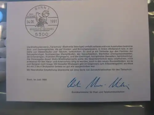 Ministerkarte, Klappkarte klein, Typ V,
 Bedrohte Seevögel 1991, mit Faksimile-Unterschrift des Ministers Schwarz-Schilling