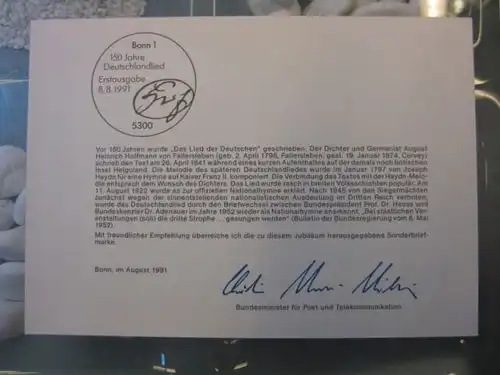Ministerkarte, Klappkarte klein, Typ V,
 Deutschlandlied 1991, mit Faksimile-Unterschrift des Ministers Schwarz-Schilling