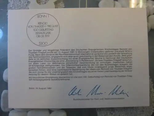 Ministerkarte, Klappkarte klein, Typ V,
 Thadden-Trieglaff 1991, mit Faksimile-Unterschrift des Ministers Schwarz-Schilling