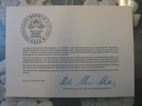 Ministerkarte, Klappkarte klein, Typ V,
 Tag der Briefmarke 1991, mit Faksimile-Unterschrift des Ministers Schwarz-Schilling