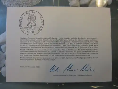 Ministerkarte, Klappkarte klein, Typ V,
 Mozart 1991, mit Faksimile-Unterschrift des Ministers Schwarz-Schilling