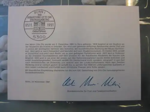 Ministerkarte, Klappkarte klein, Typ V,
 Otto Dix 1991, mit Faksimile-Unterschrift des Ministers Schwarz-Schilling