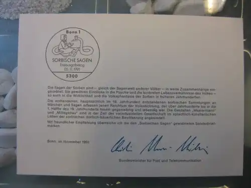 Ministerkarte, Klappkarte klein, Typ V,
 Sorbische Sagen 1991, mit Faksimile-Unterschrift des Ministers Schwarz-Schilling