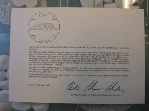 Ministerkarte, Klappkarte klein, Typ V,
 Niemöller 1992 mit Unterschrift Minister Schwarz-Schilling